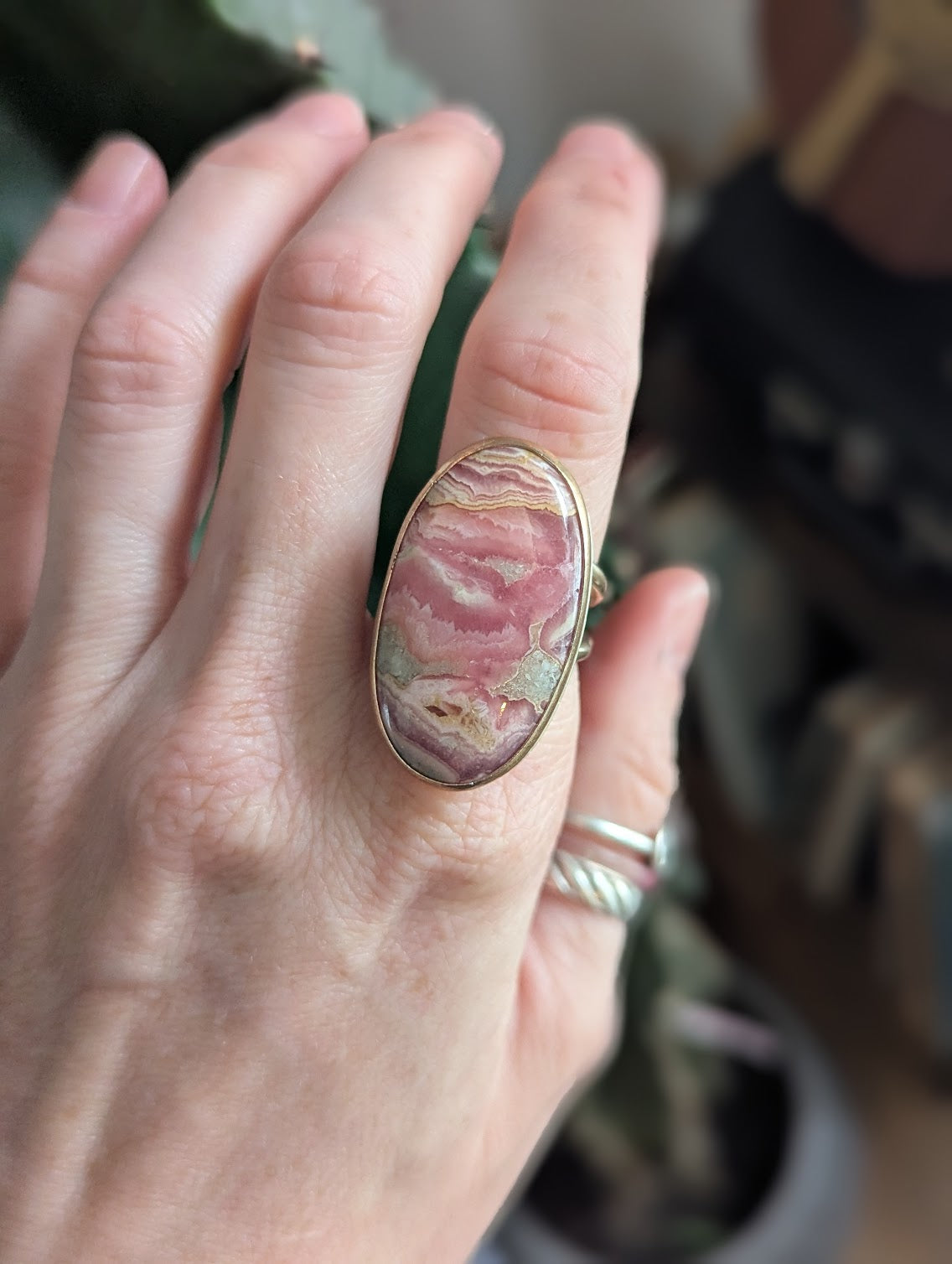 Rhodocrosite Gold and Silver Statement Ring - Size 7