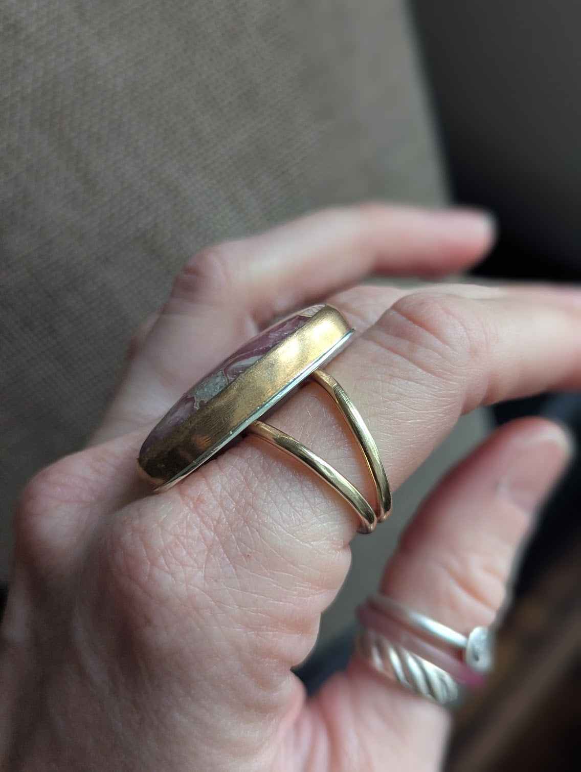 Rhodocrosite Gold and Silver Statement Ring - Size 7