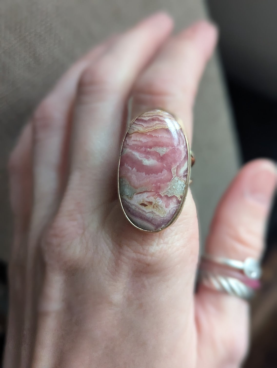 Rhodocrosite Gold and Silver Statement Ring - Size 7