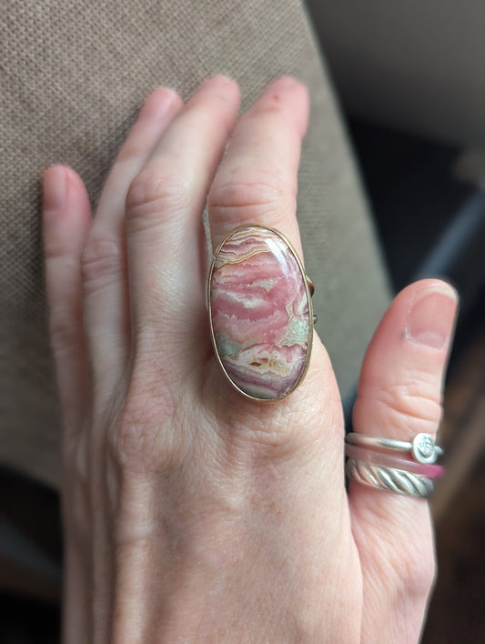 Rhodocrosite Gold and Silver Statement Ring - Size 7
