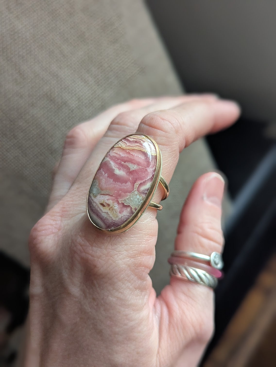 Rhodocrosite Gold and Silver Statement Ring - Size 7