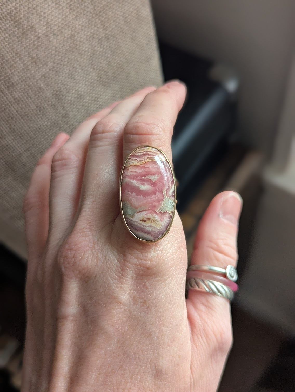 Rhodocrosite Gold and Silver Statement Ring - Size 7