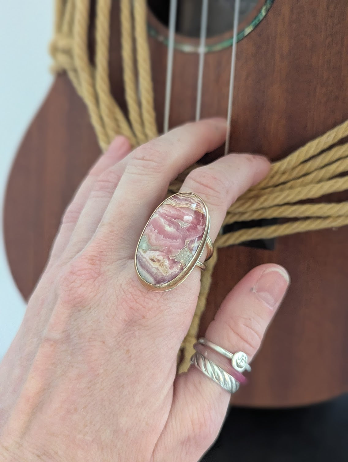 Rhodocrosite Gold and Silver Statement Ring - Size 7