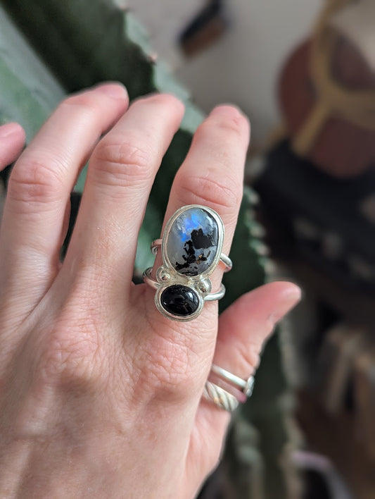 Moonstone with Tourmaline and Onyx Silver Ring - Size 8