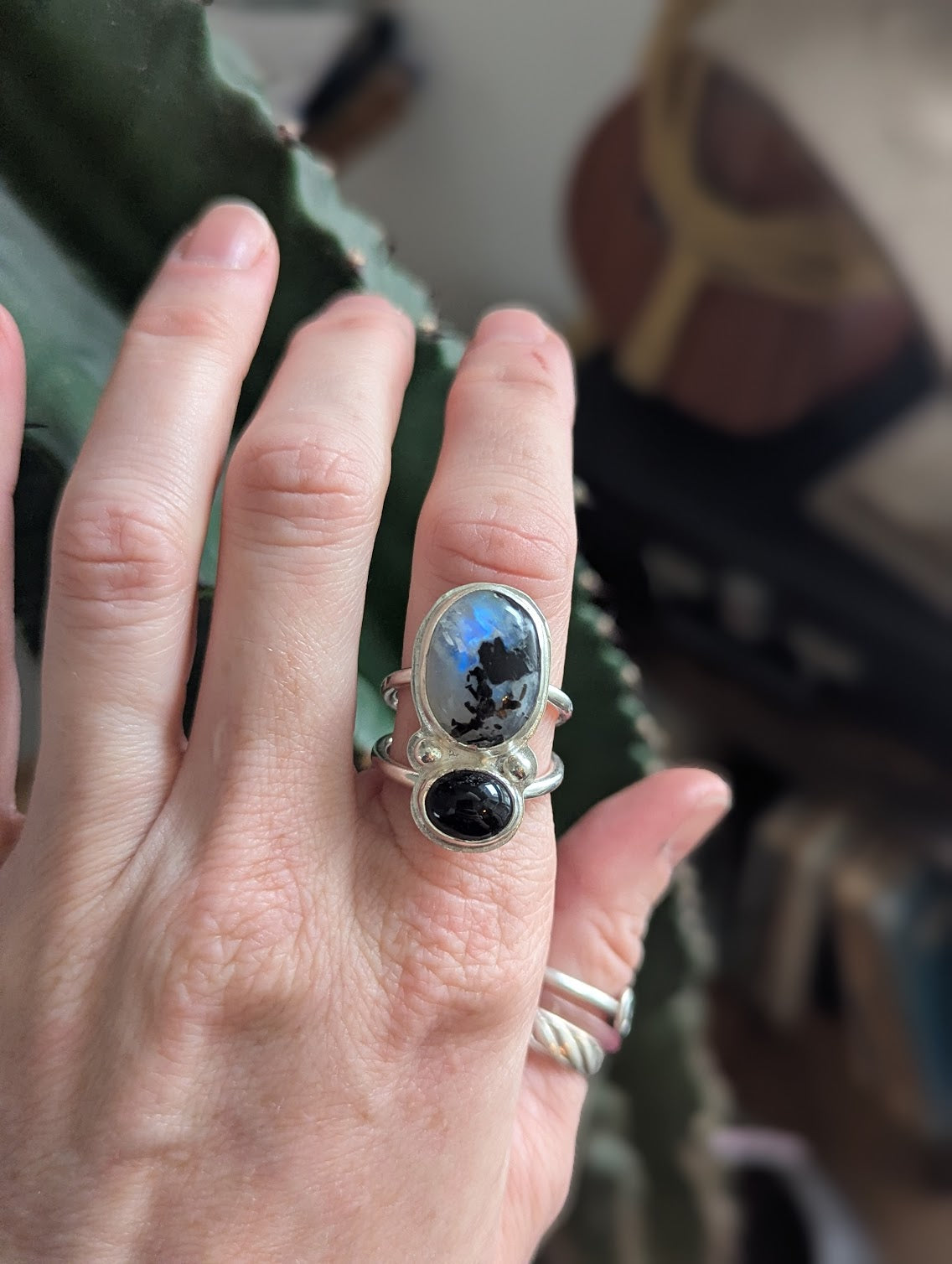 Moonstone with Tourmaline and Onyx Silver Ring - Size 8