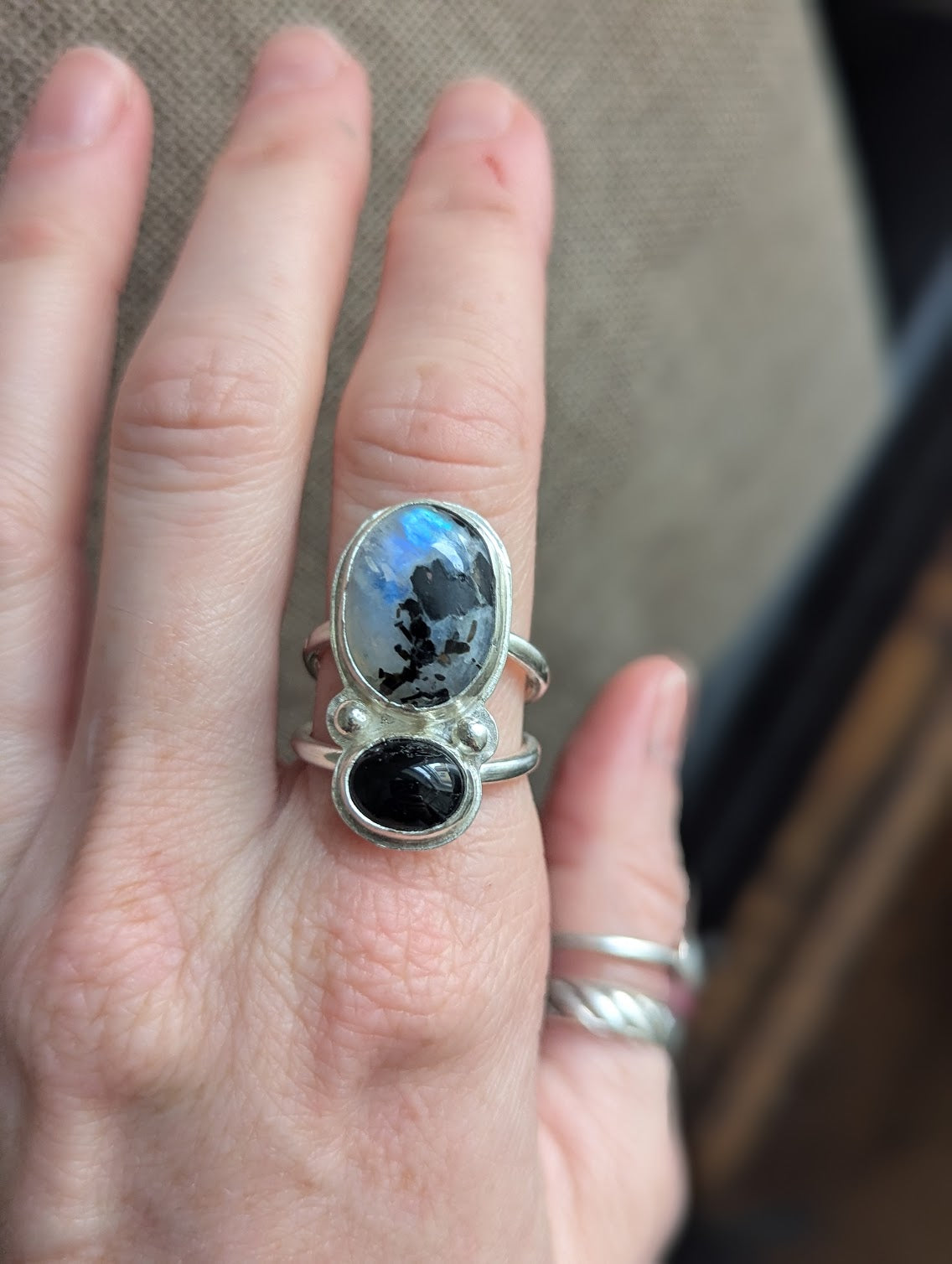 Moonstone with Tourmaline and Onyx Silver Ring - Size 8