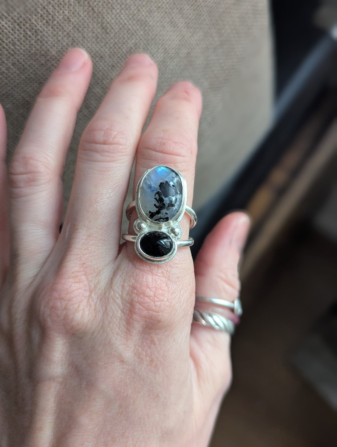 Moonstone with Tourmaline and Onyx Silver Ring - Size 8
