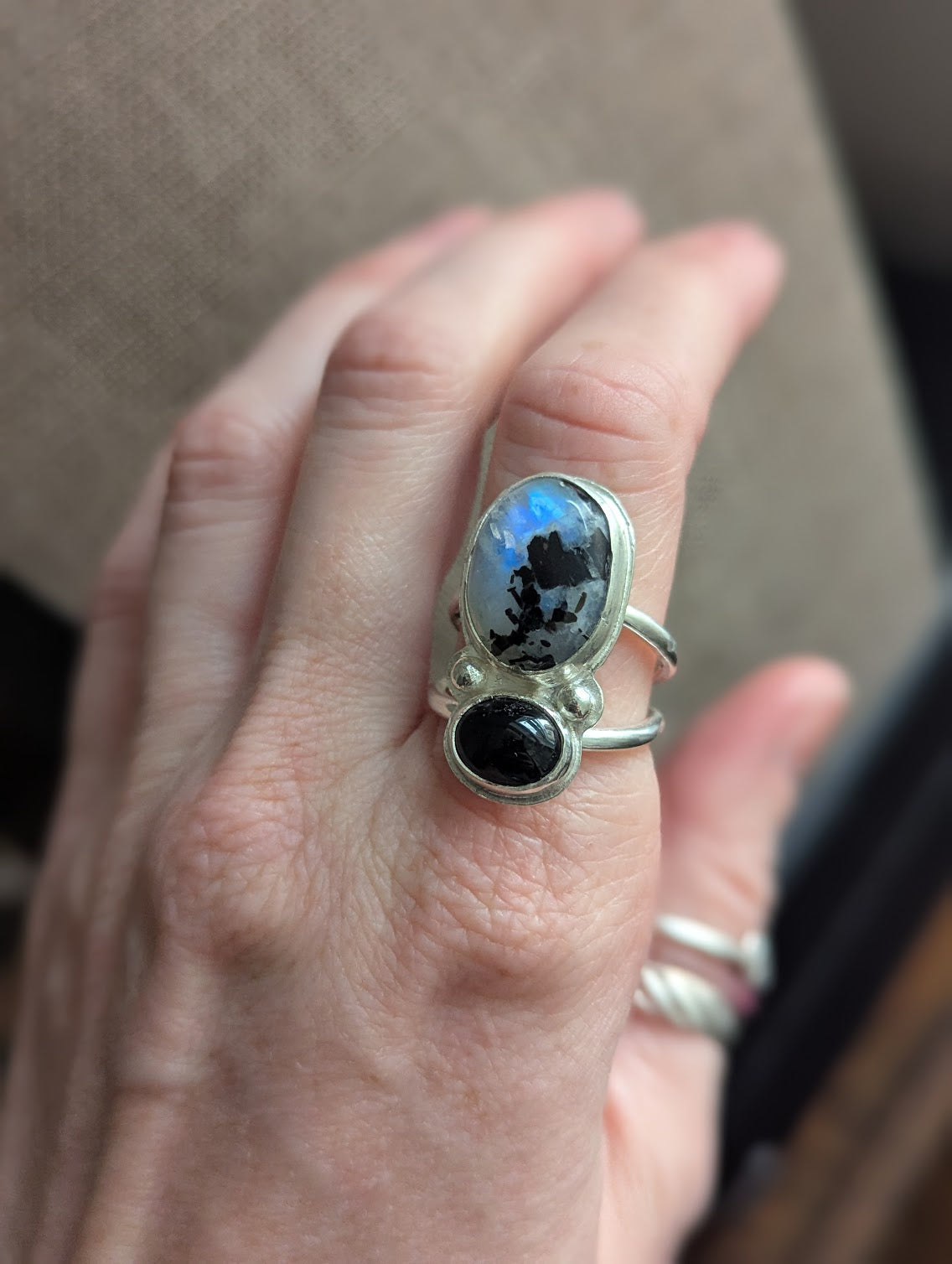 Moonstone with Tourmaline and Onyx Silver Ring - Size 8