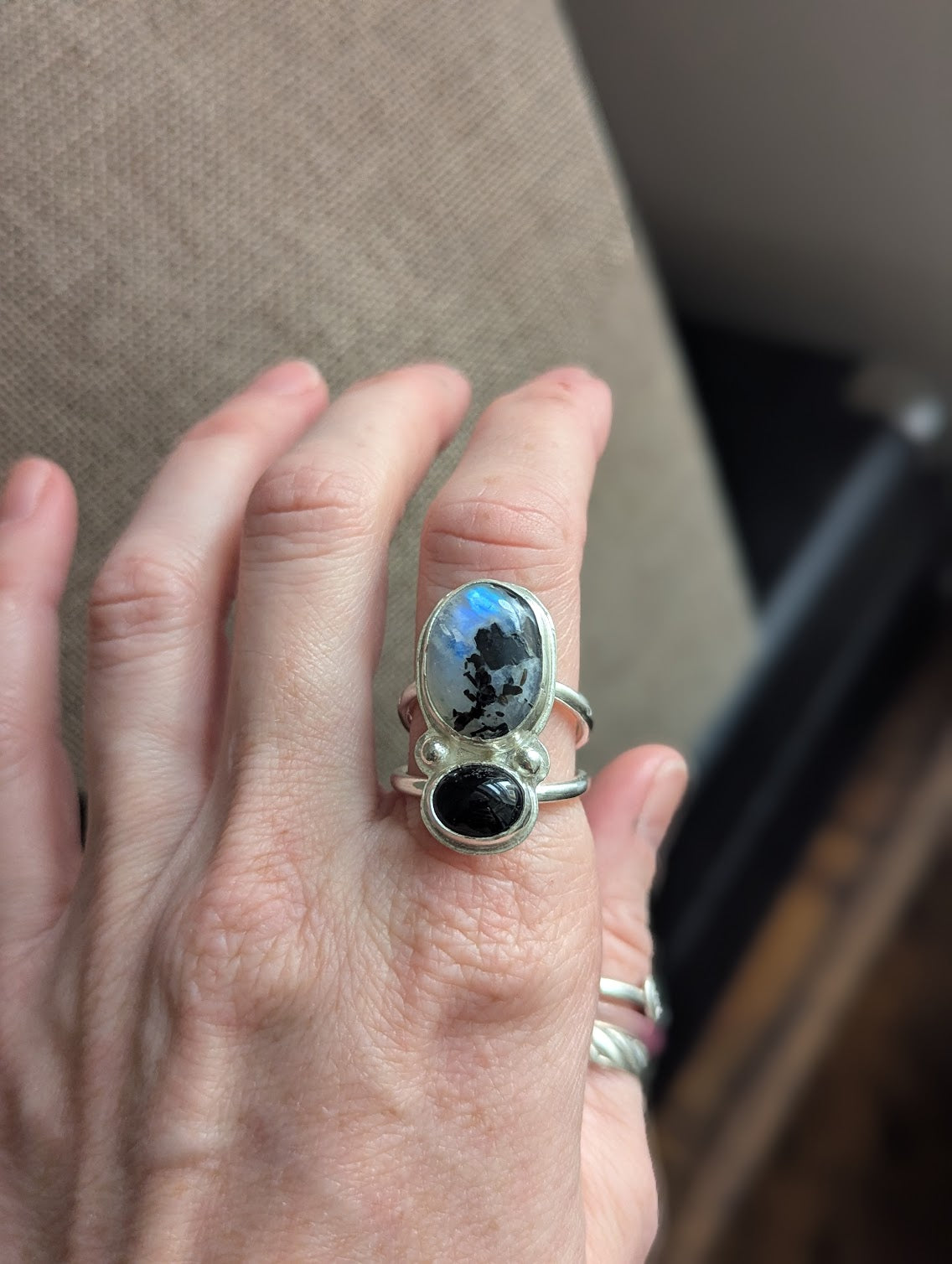 Moonstone with Tourmaline and Onyx Silver Ring - Size 8