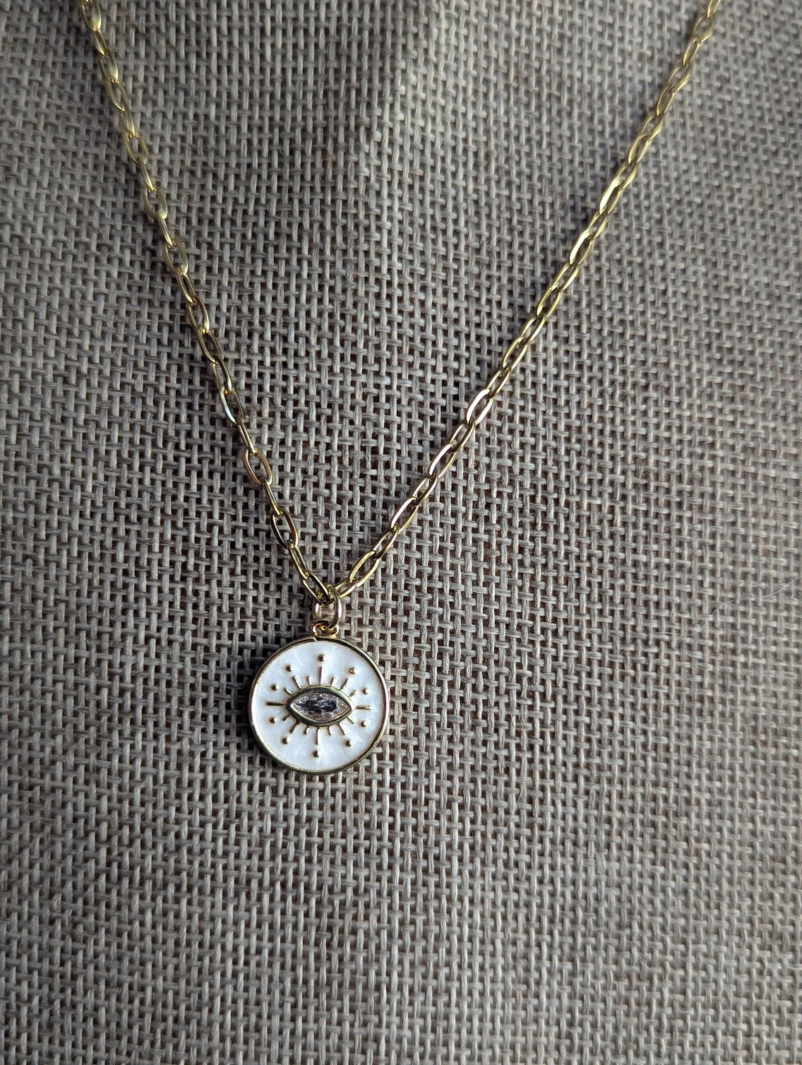 White Enamel Crystal Evil Eye Gold Small Paperclip Necklace