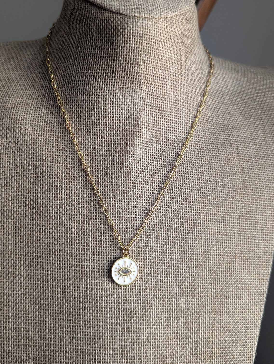 White Enamel Crystal Evil Eye Gold Small Paperclip Necklace