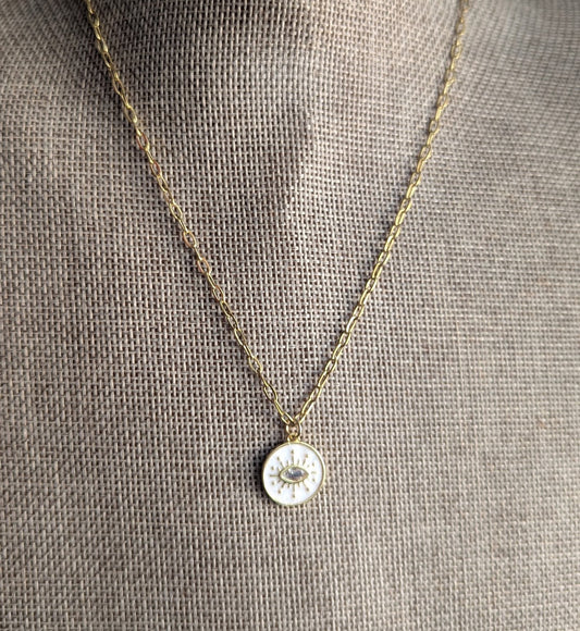 White Enamel Crystal Evil Eye Gold Small Paperclip Necklace
