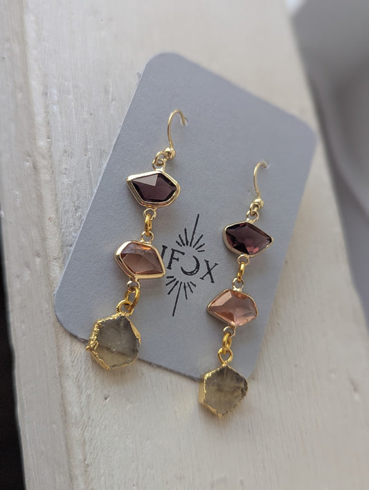 Purple, Pink and Yellow Trio Gold Earrings