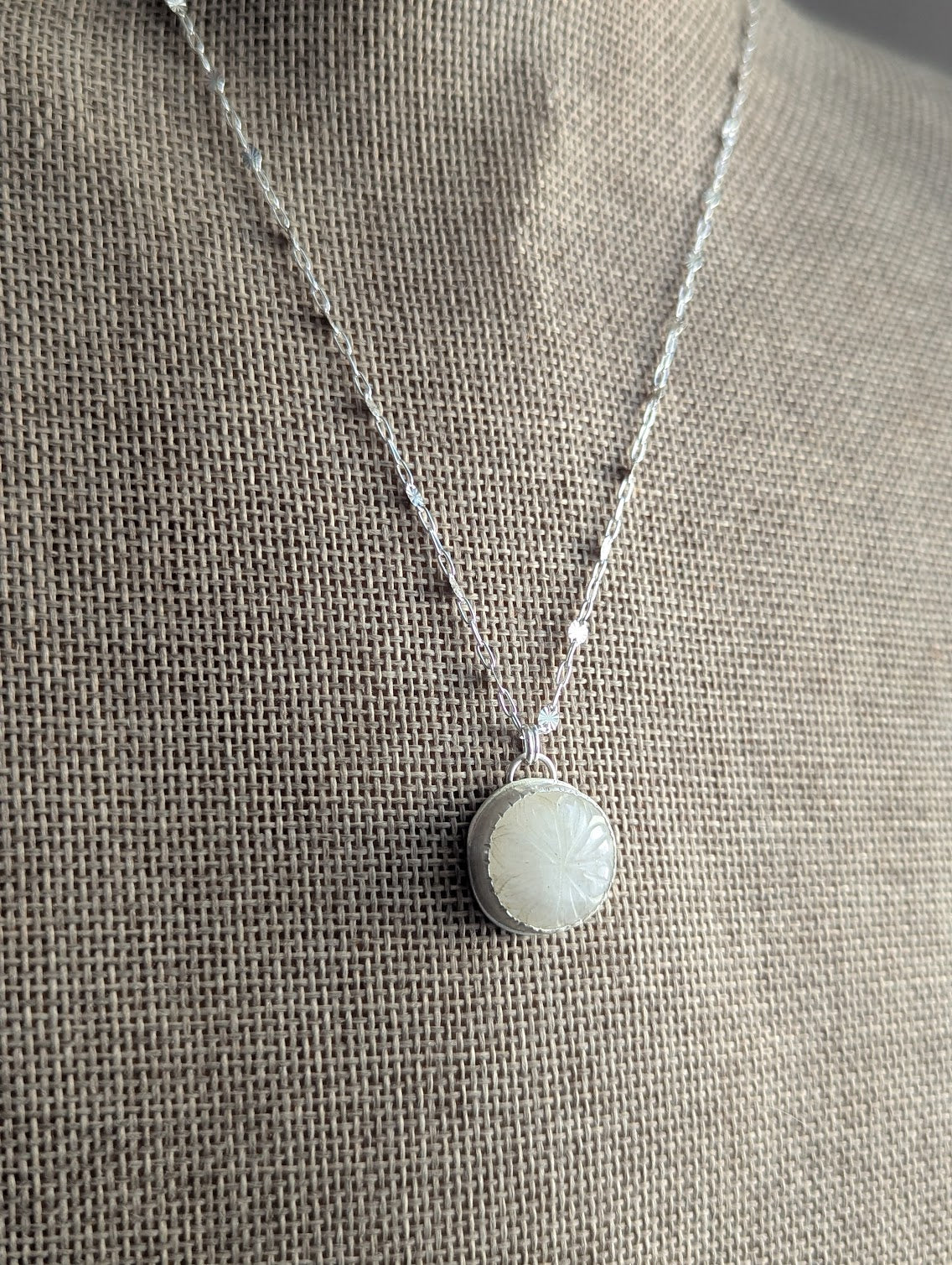Carved Rainbow Moonstone Silver Necklace