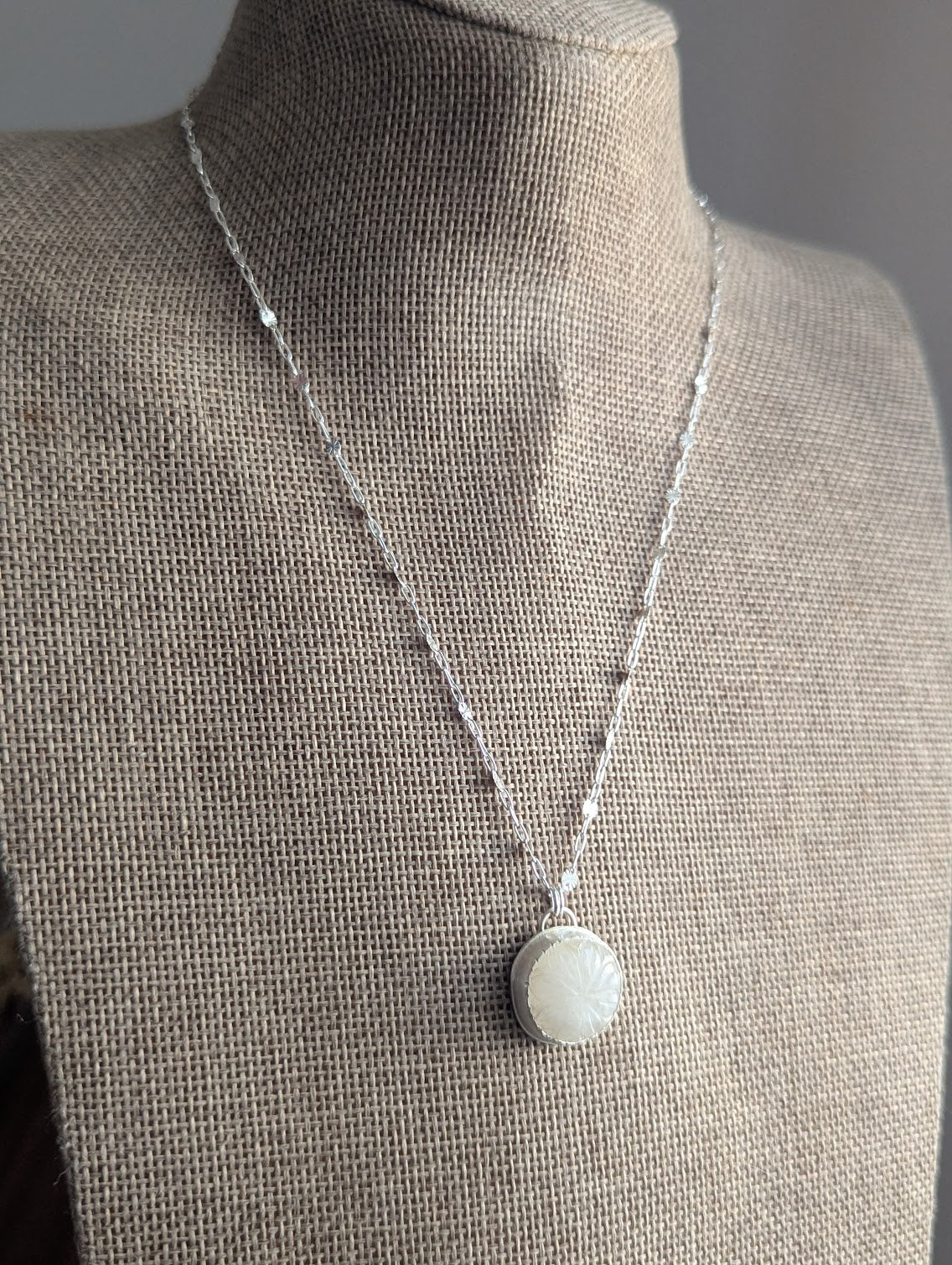 Carved Rainbow Moonstone Silver Necklace