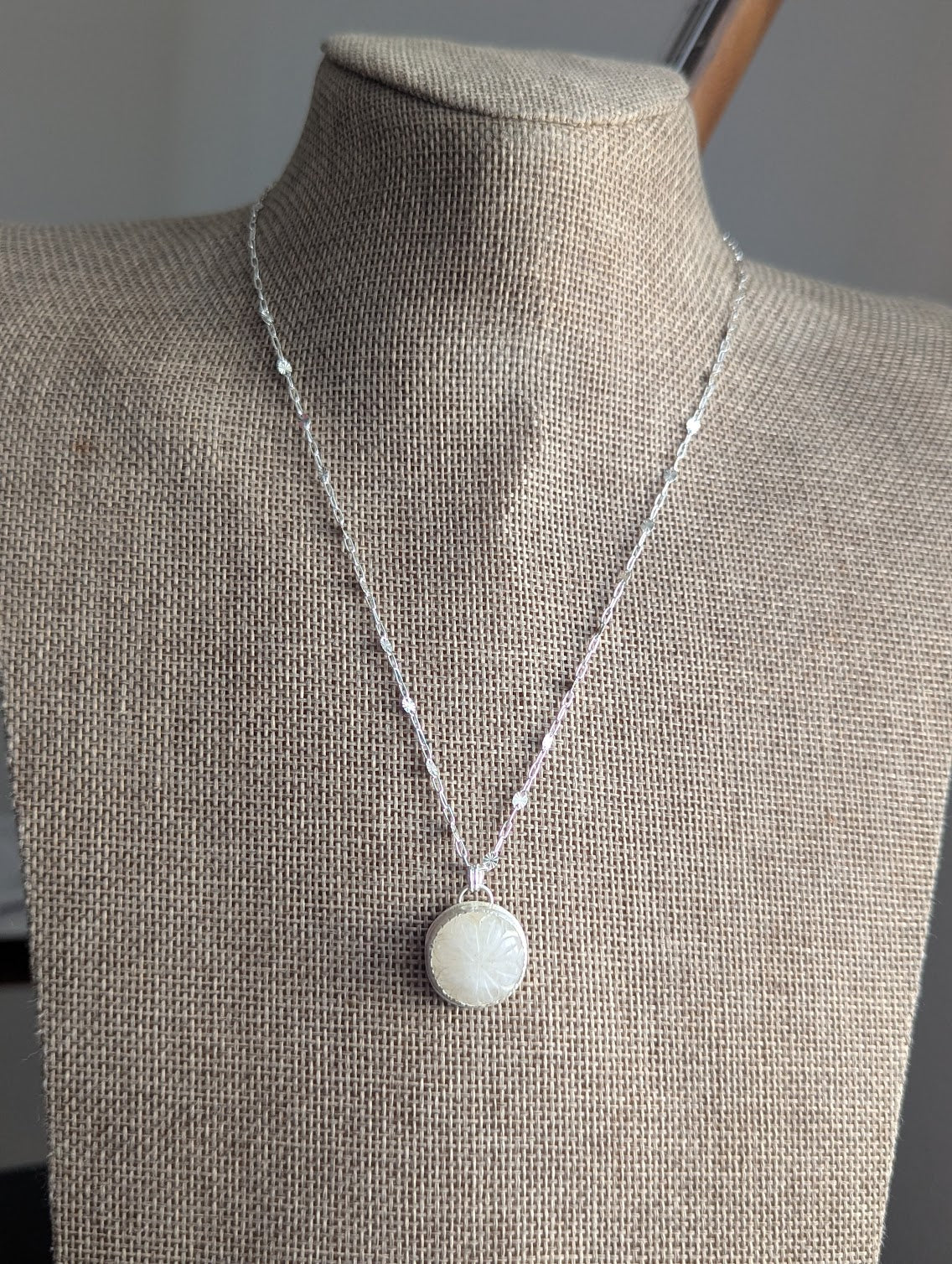 Carved Rainbow Moonstone Silver Necklace
