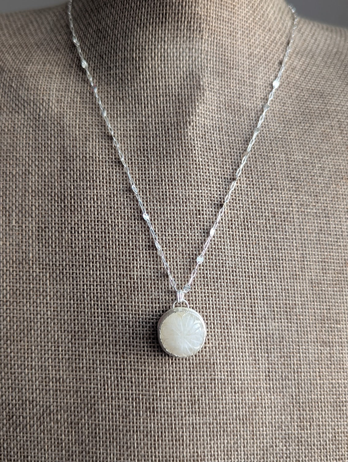 Carved Rainbow Moonstone Silver Necklace