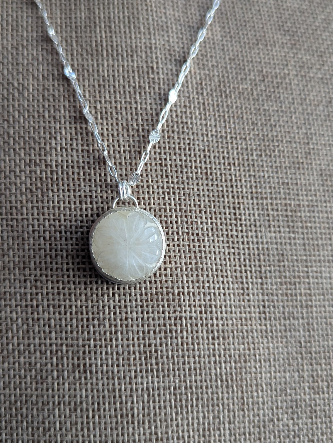 Carved Rainbow Moonstone Silver Necklace