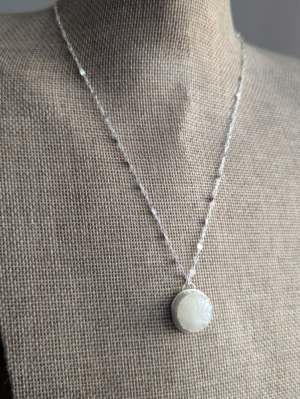 Carved Rainbow Moonstone Silver Necklace