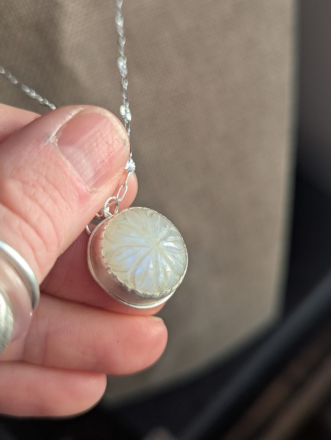 Carved Rainbow Moonstone Silver Necklace