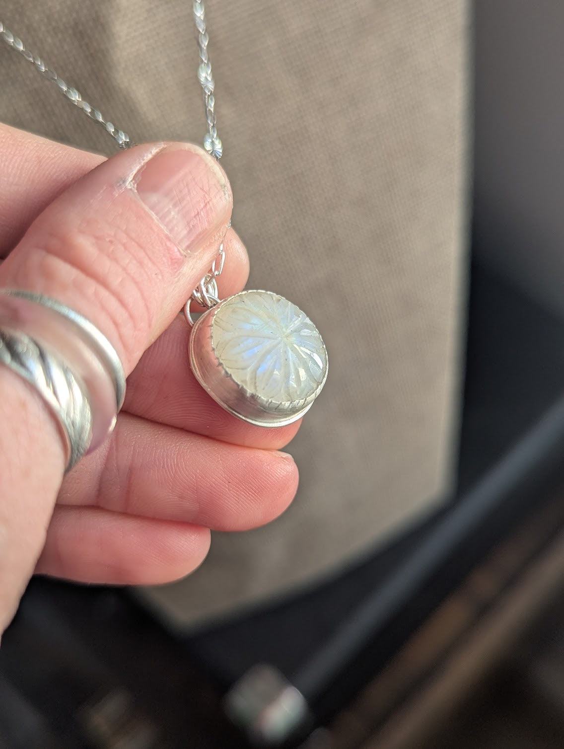Carved Rainbow Moonstone Silver Necklace