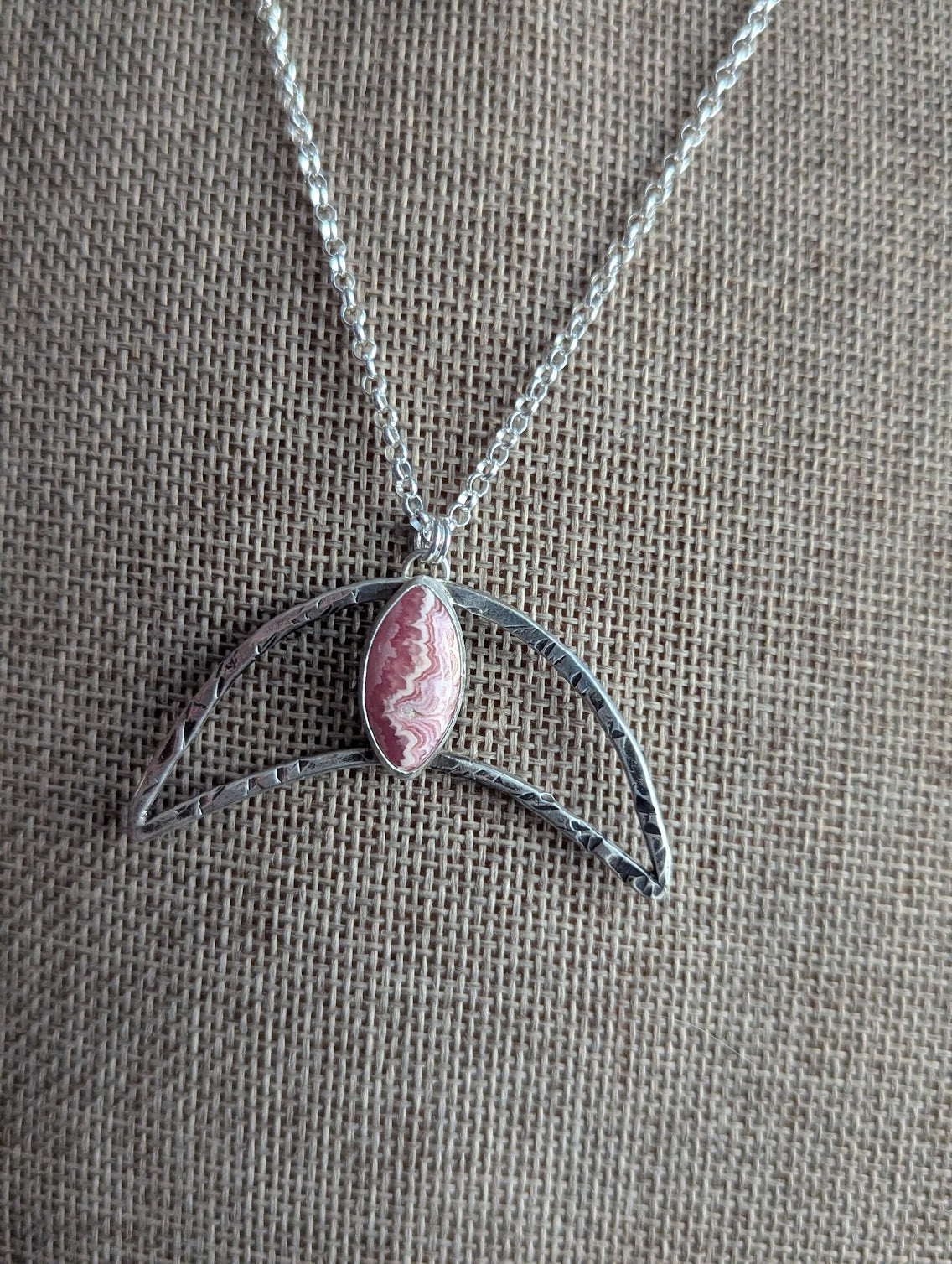 Hammered Crescent Rhodocrosite Silver Necklace