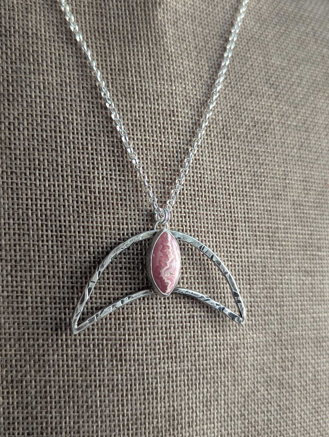 Hammered Crescent Rhodocrosite Silver Necklace
