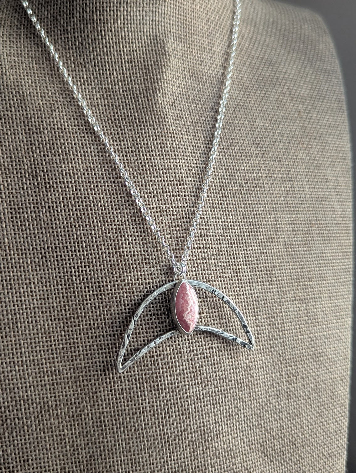 Hammered Crescent Rhodocrosite Silver Necklace