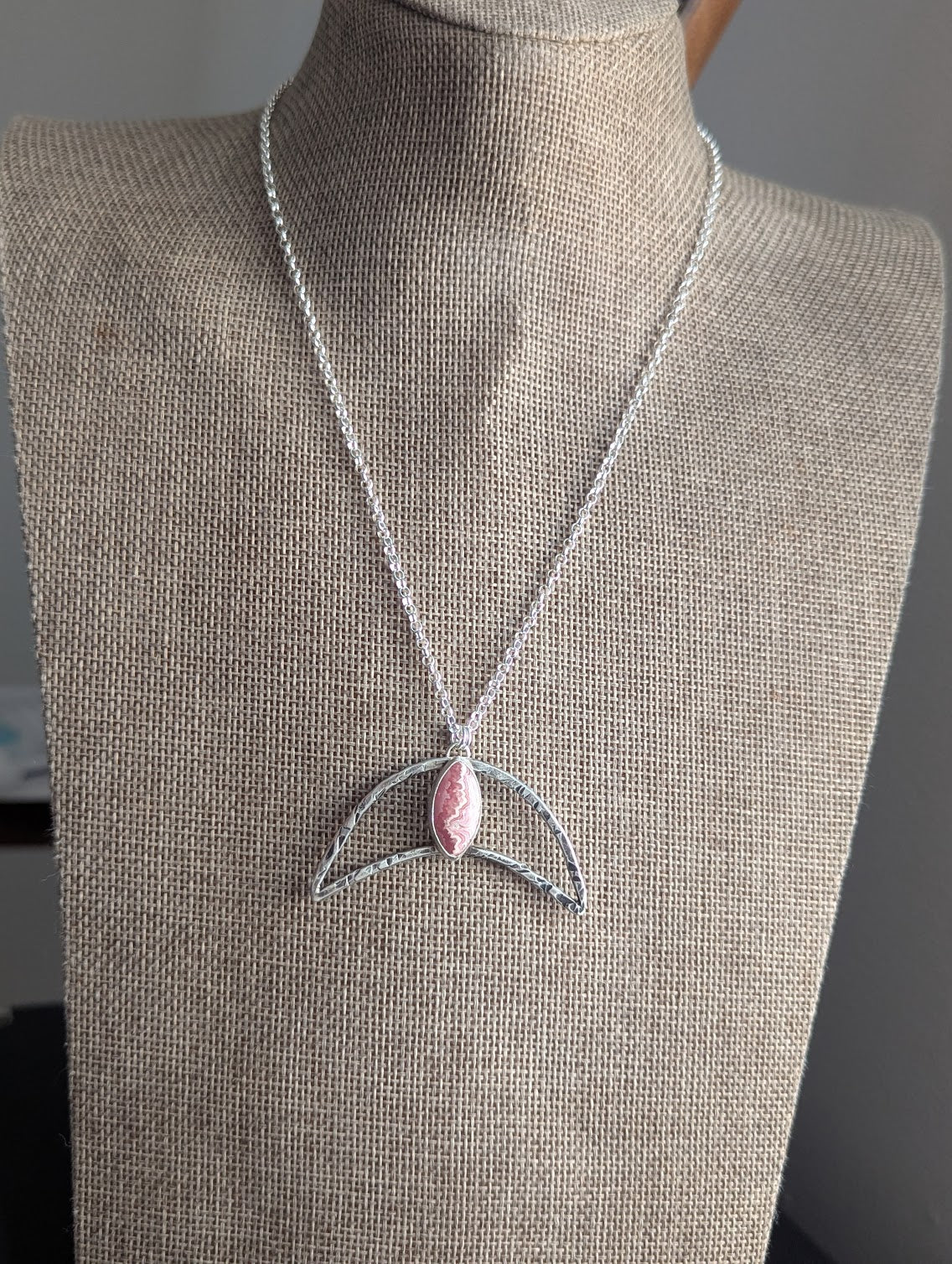 Hammered Crescent Rhodocrosite Silver Necklace