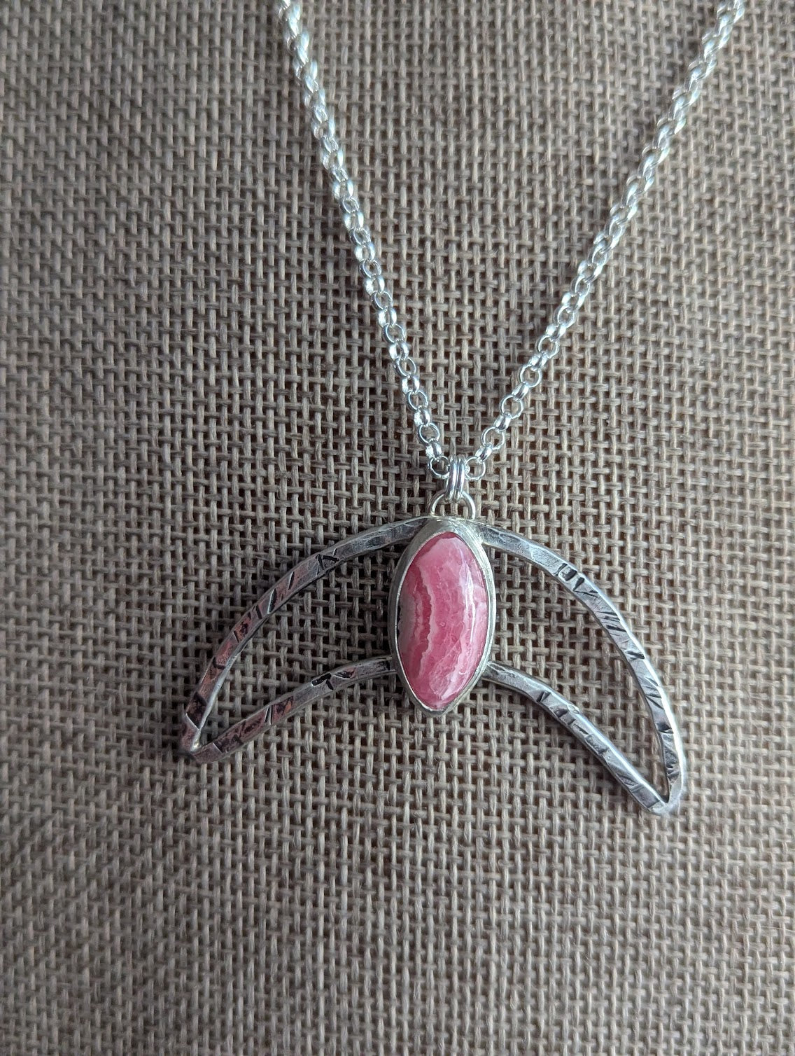 Hammered Crescent Rhodocrosite Silver Necklace