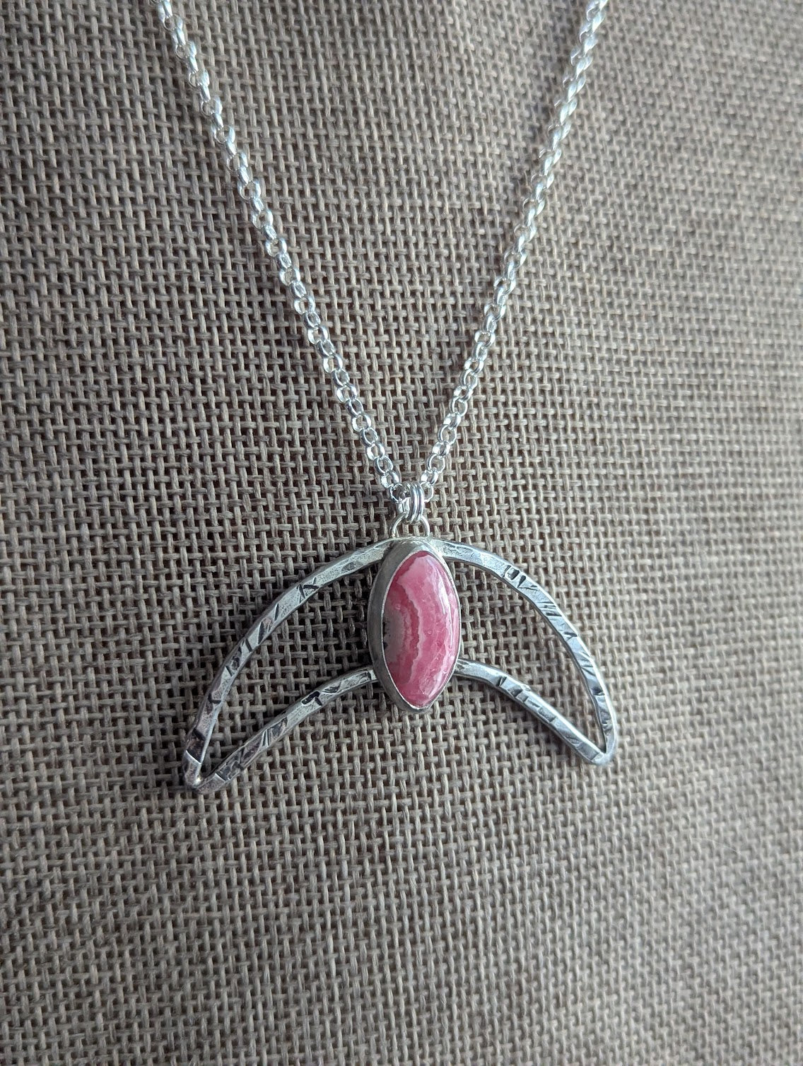Hammered Crescent Rhodocrosite Silver Necklace