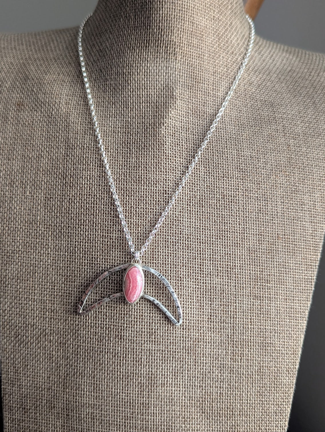 Hammered Crescent Rhodocrosite Silver Necklace