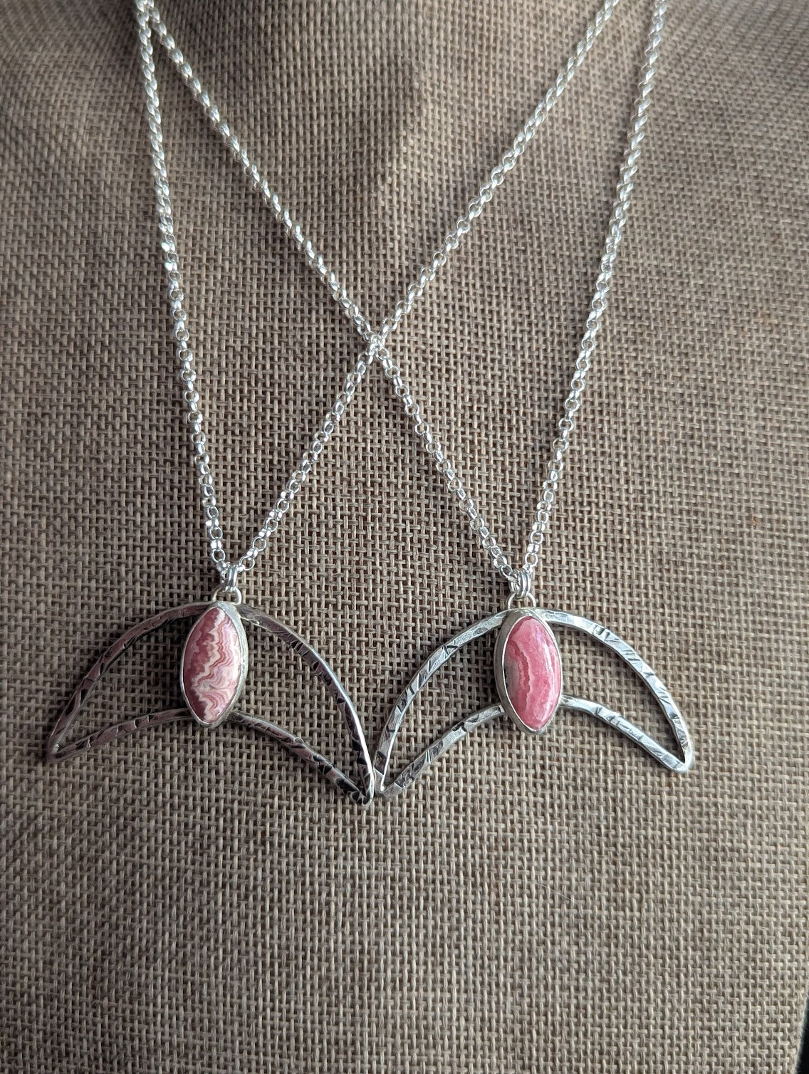 Hammered Crescent Rhodocrosite Silver Necklace