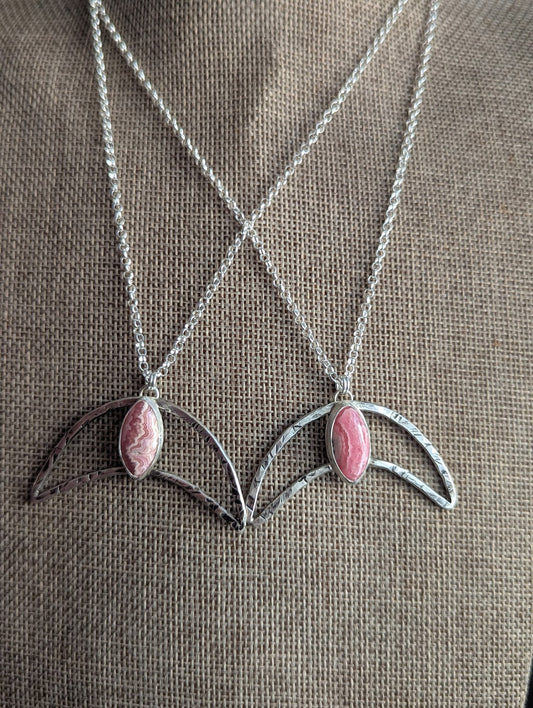 Hammered Crescent Rhodocrosite Silver Necklace