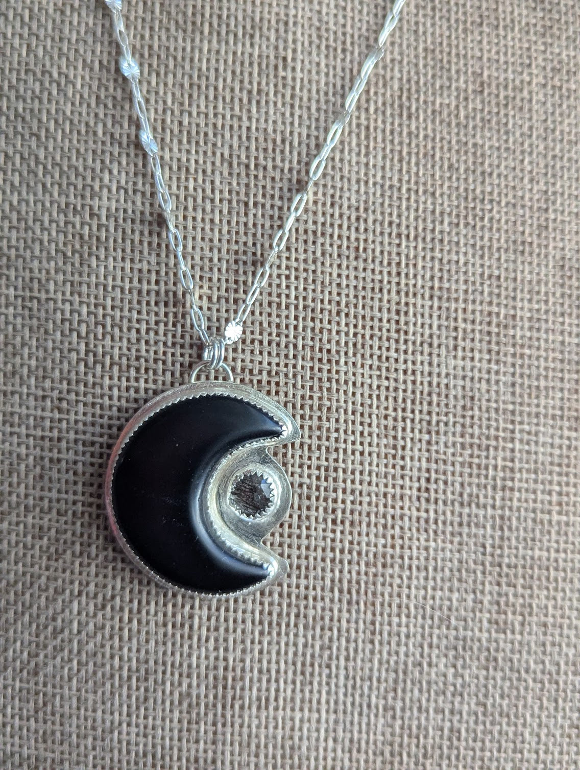 Onyx Crescent Moon and Black Tourmaline Silver Necklace