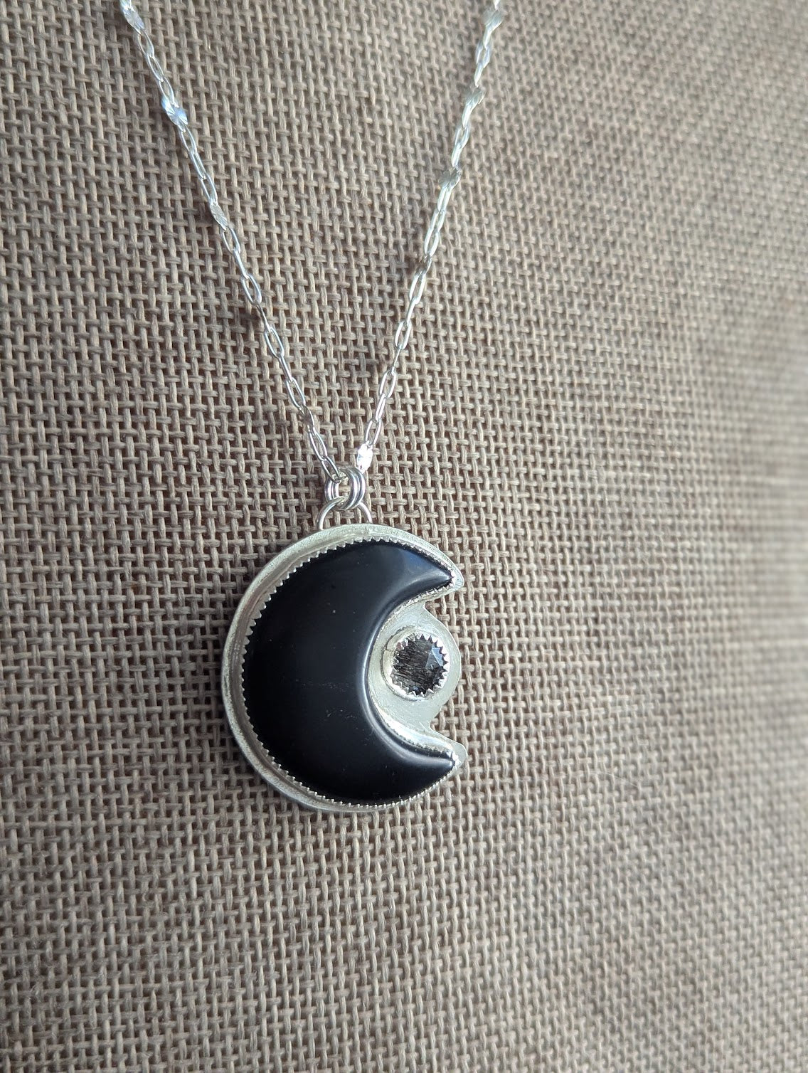Onyx Crescent Moon and Black Tourmaline Silver Necklace