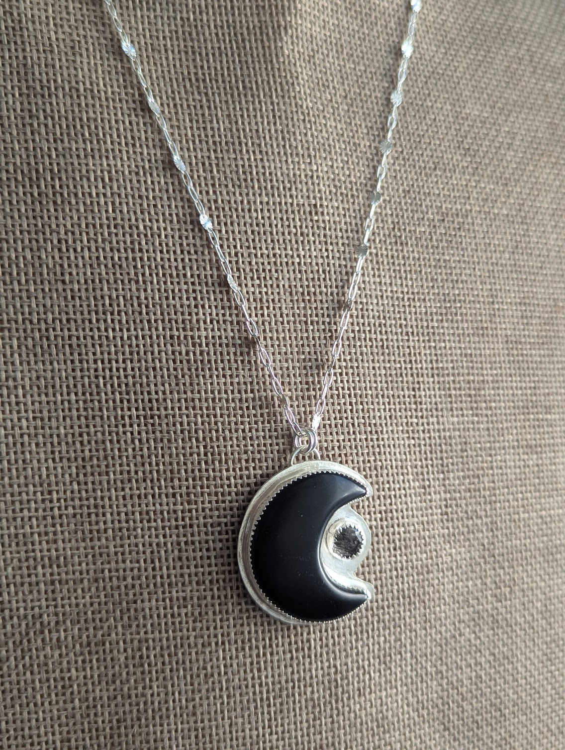 Onyx Crescent Moon and Black Tourmaline Silver Necklace