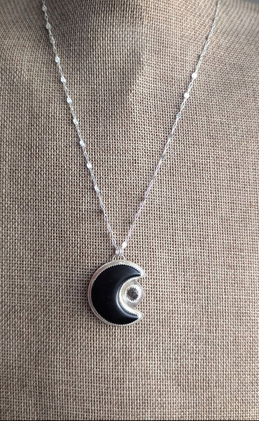 Onyx Crescent Moon and Black Tourmaline Silver Necklace