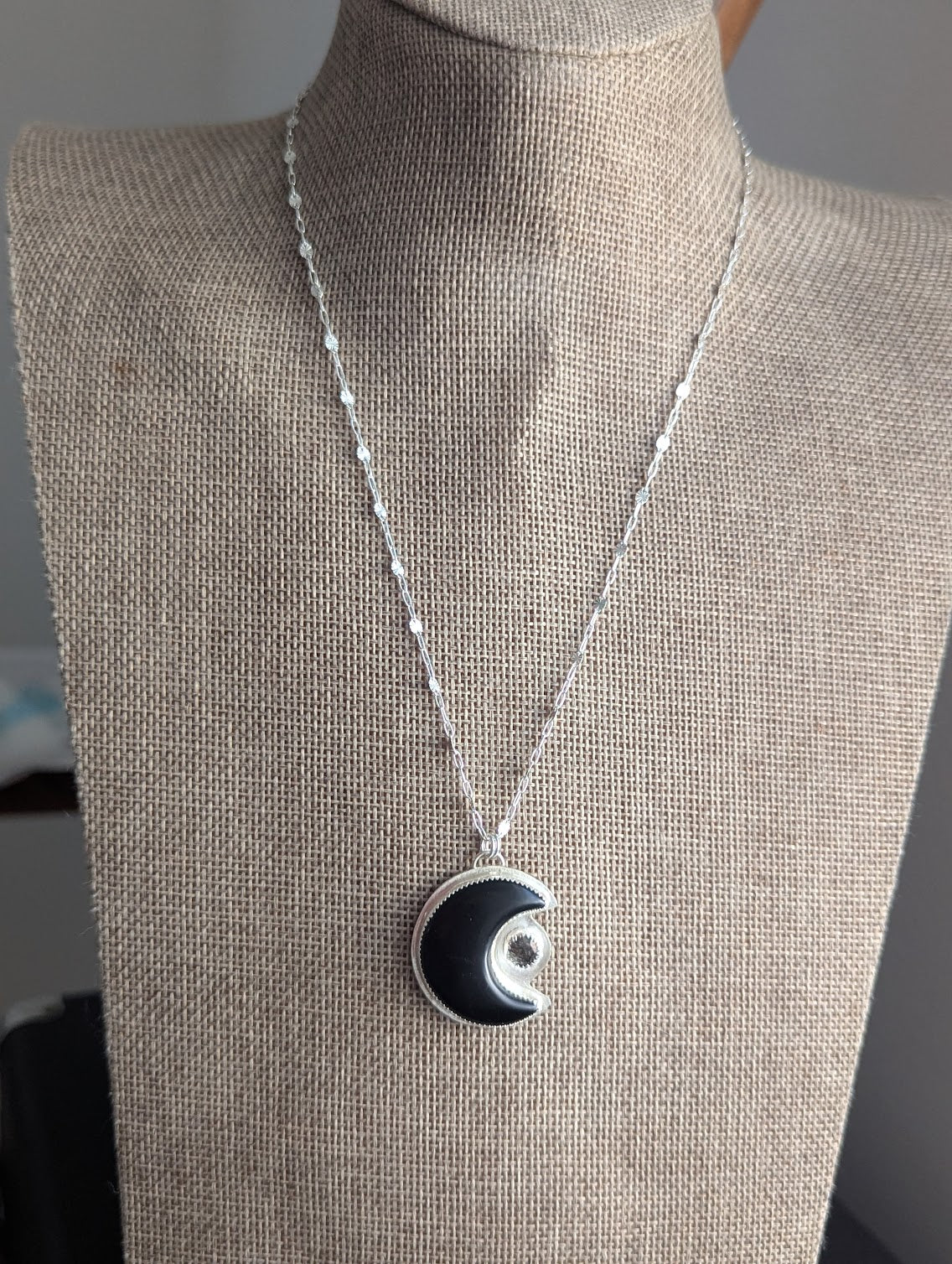 Onyx Crescent Moon and Black Tourmaline Silver Necklace