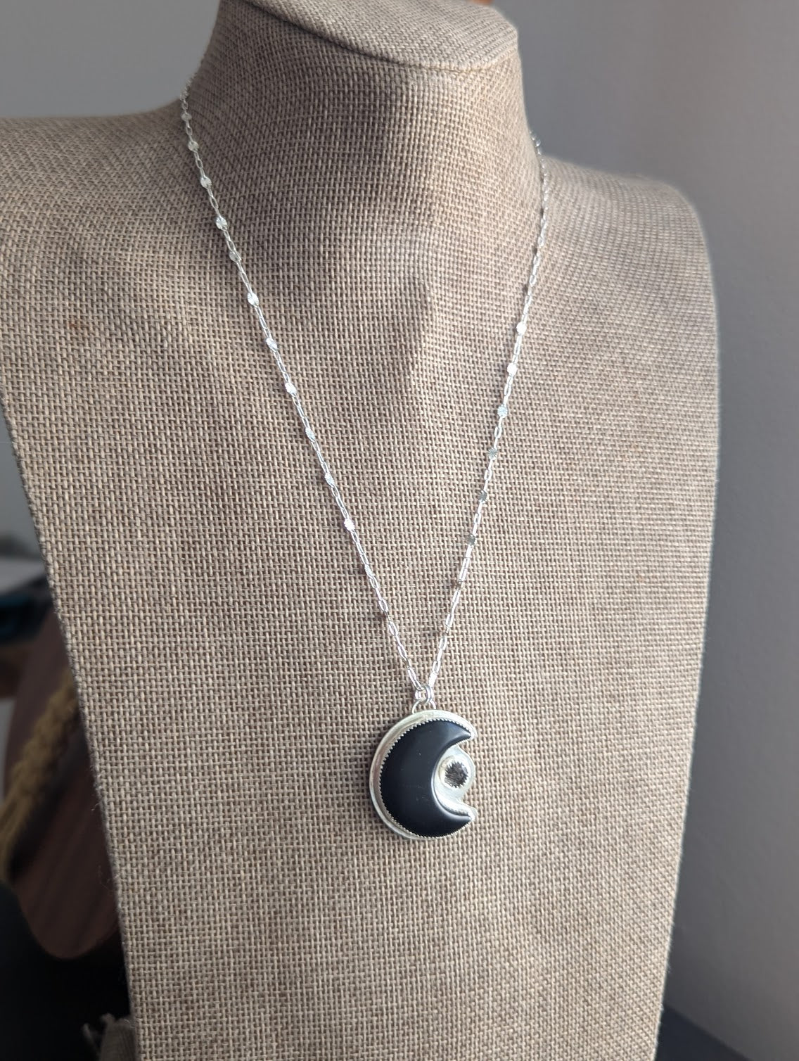 Onyx Crescent Moon and Black Tourmaline Silver Necklace