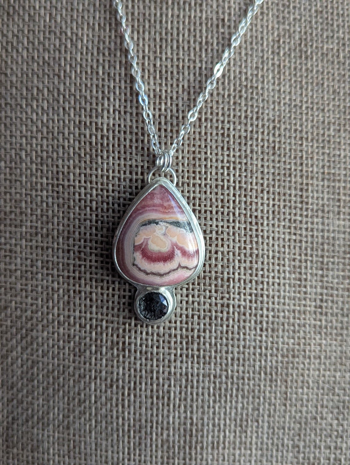 Rhodocrosite Teardrop and Black Tourmaline Quartz Silver Necklace