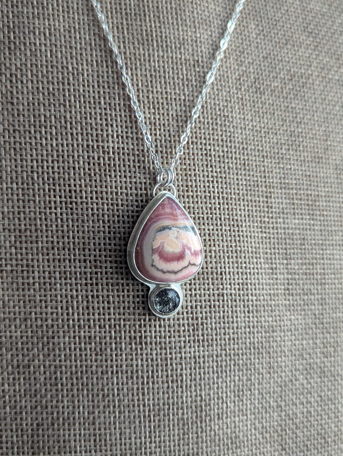 Rhodocrosite Teardrop and Black Tourmaline Quartz Silver Necklace