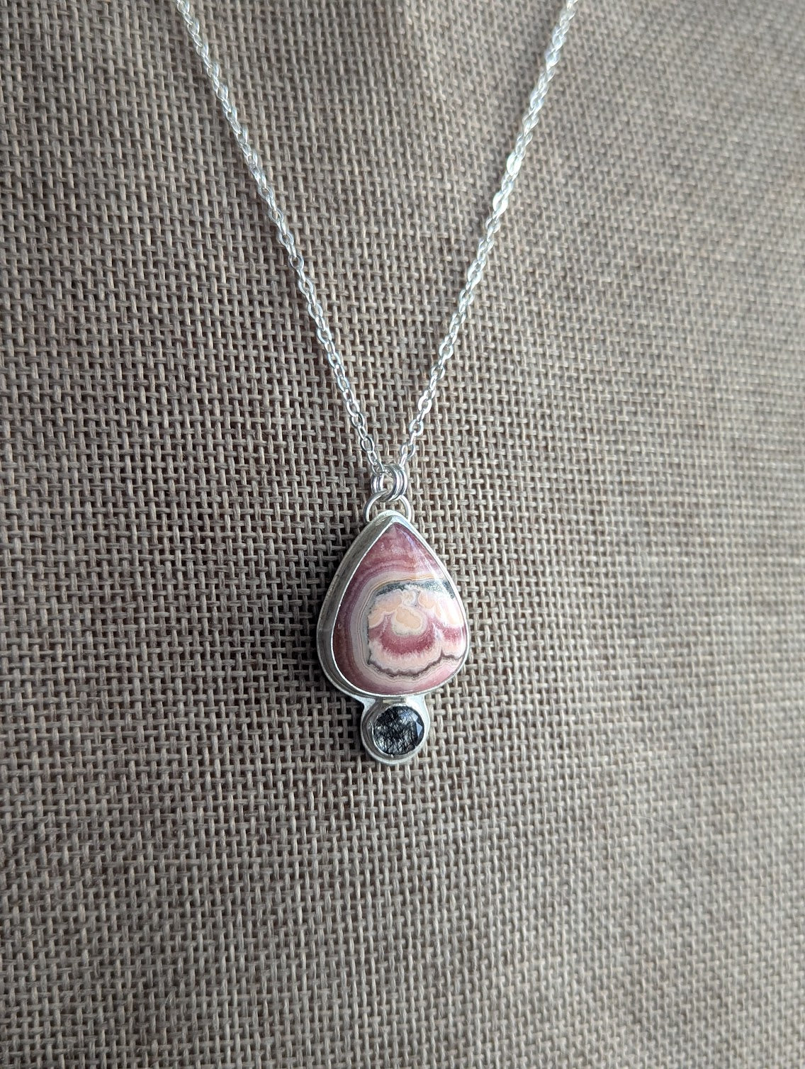 Rhodocrosite Teardrop and Black Tourmaline Quartz Silver Necklace