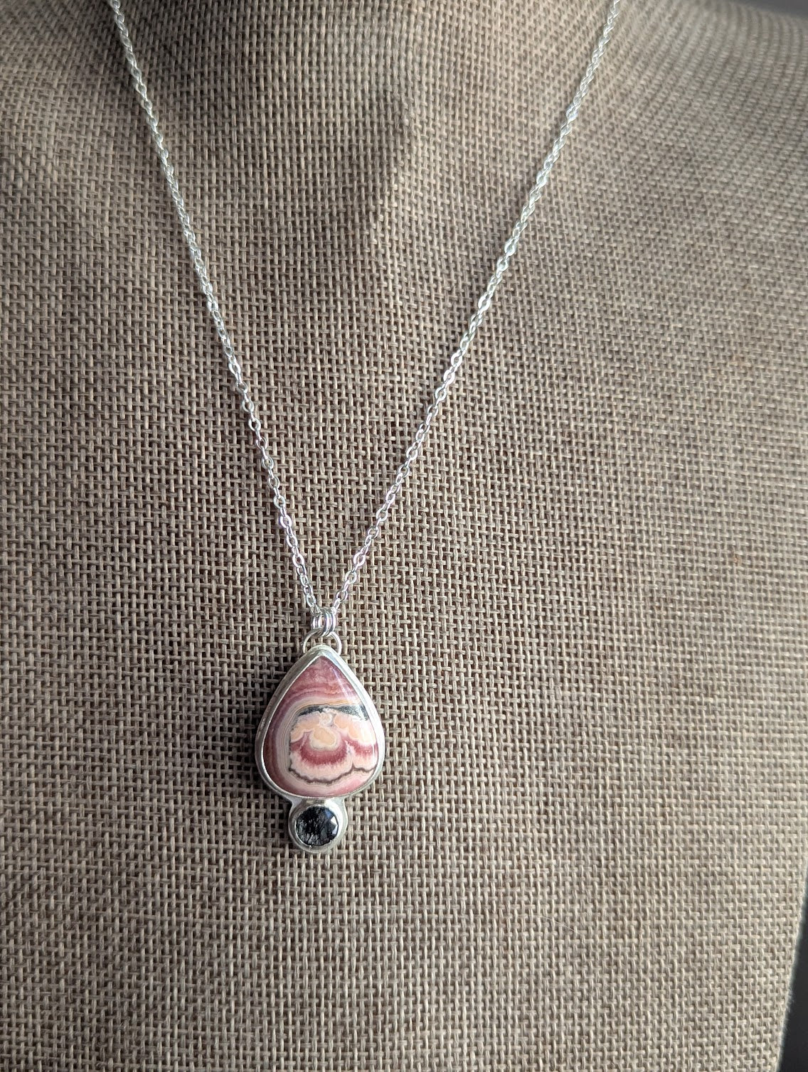 Rhodocrosite Teardrop and Black Tourmaline Quartz Silver Necklace