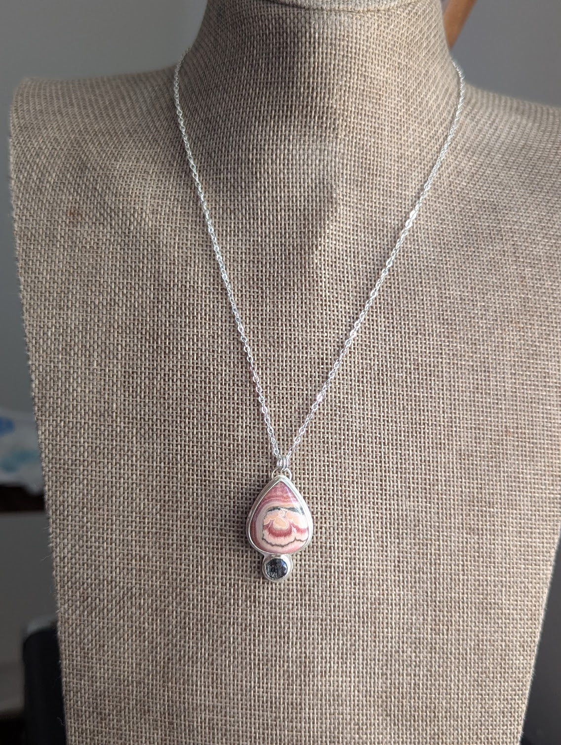 Rhodocrosite Teardrop and Black Tourmaline Quartz Silver Necklace