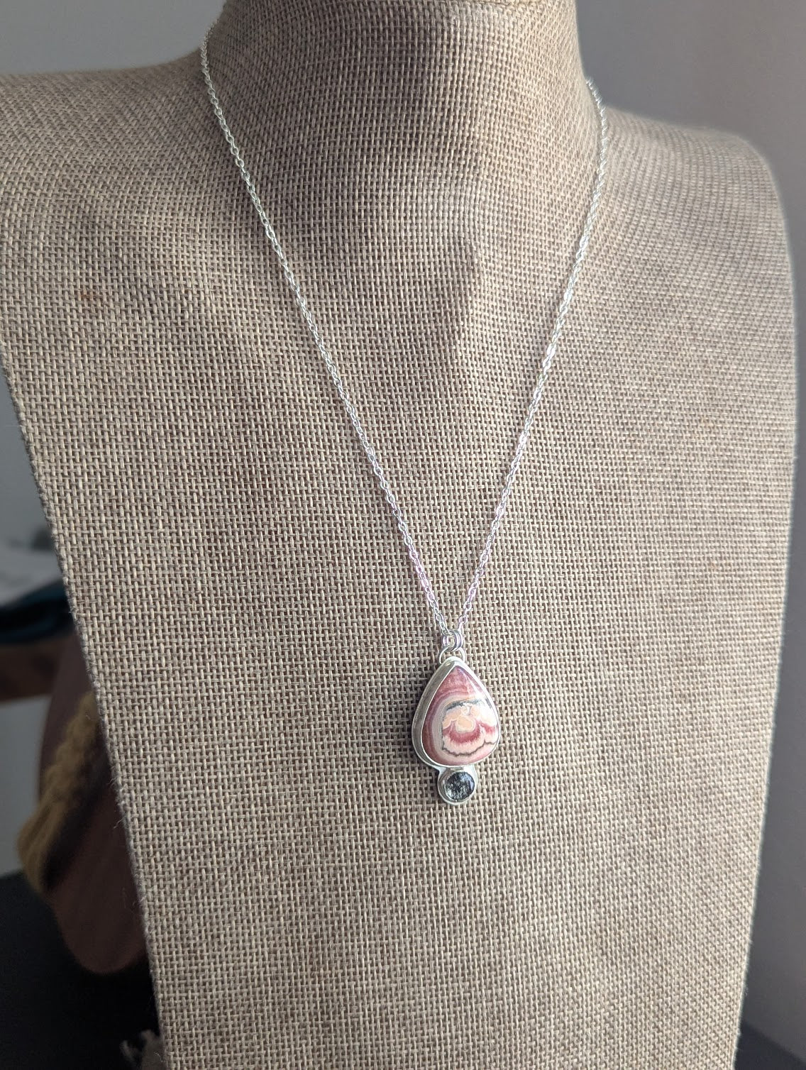 Rhodocrosite Teardrop and Black Tourmaline Quartz Silver Necklace