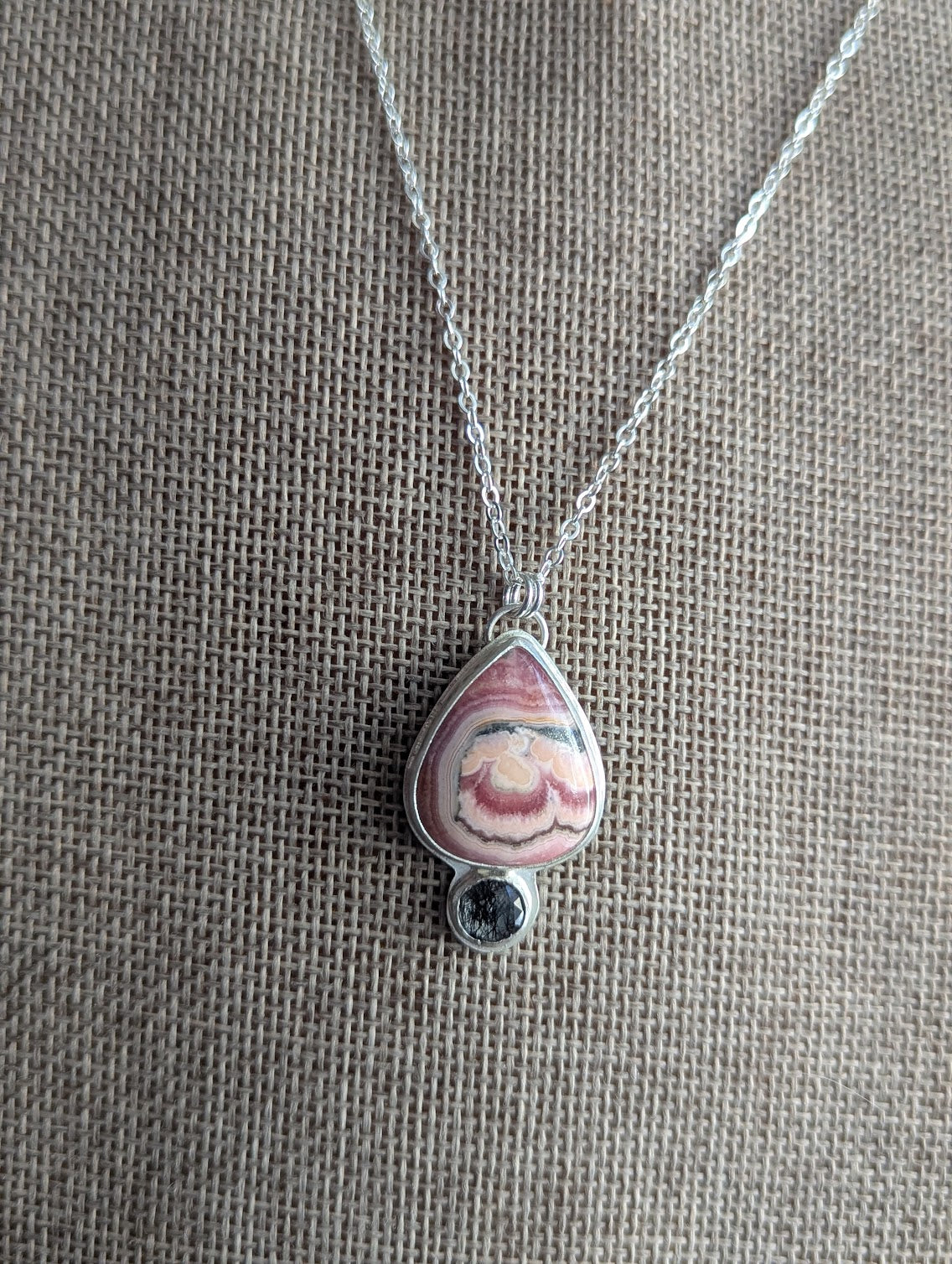 Rhodocrosite Teardrop and Black Tourmaline Quartz Silver Necklace