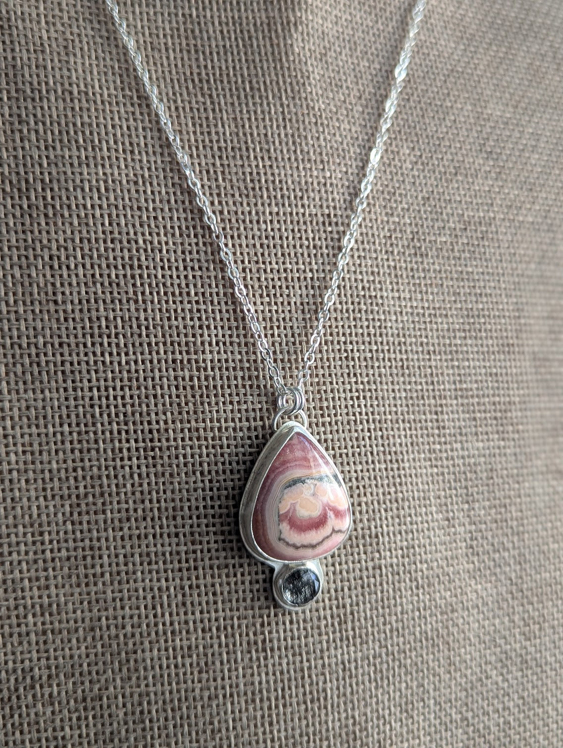 Rhodocrosite Teardrop and Black Tourmaline Quartz Silver Necklace