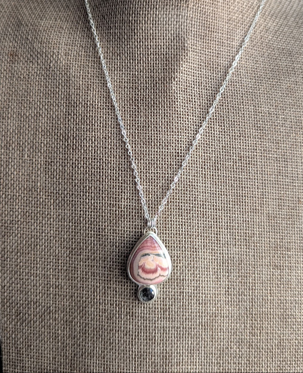 Rhodocrosite Teardrop and Black Tourmaline Quartz Silver Necklace