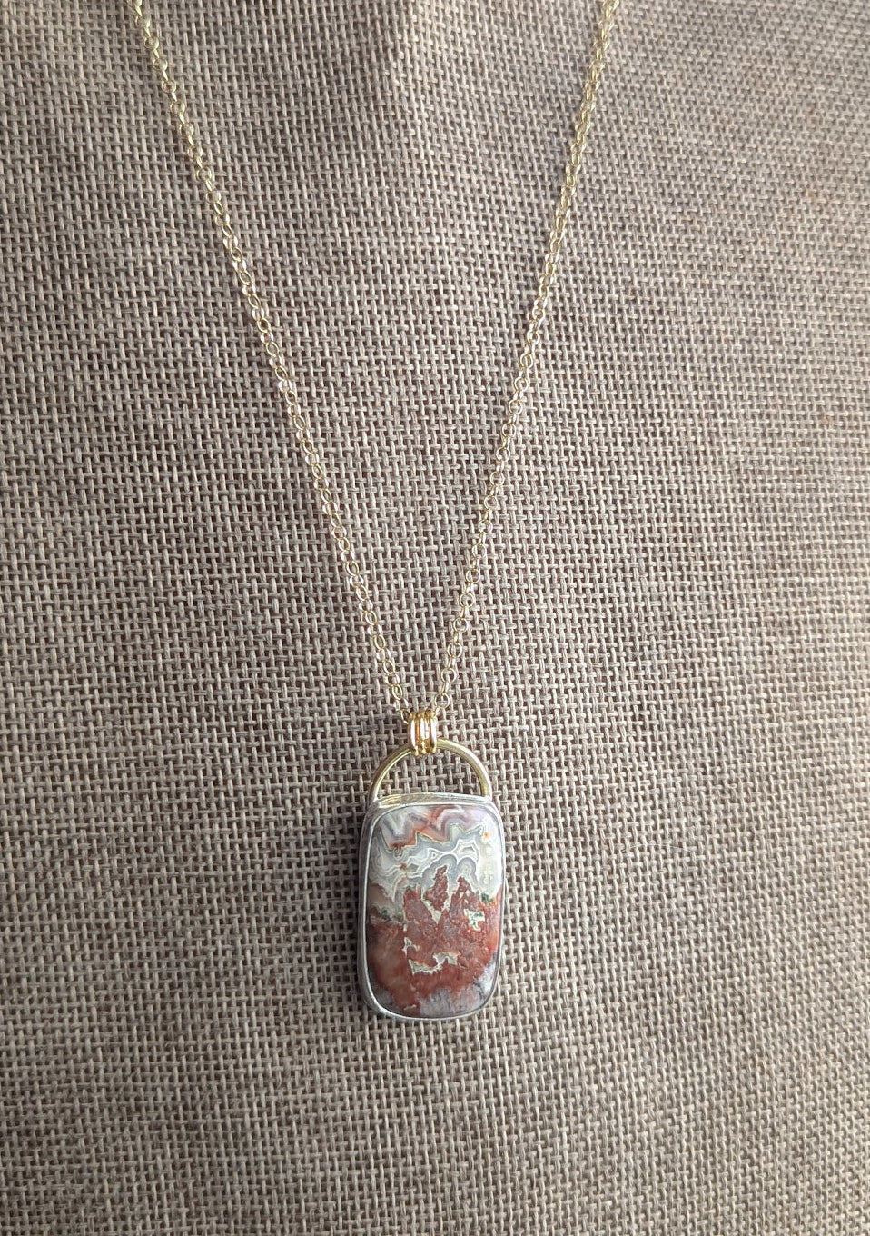Full Circle Crazy Lace Agate Mixed Metal Gold and Silver Necklace